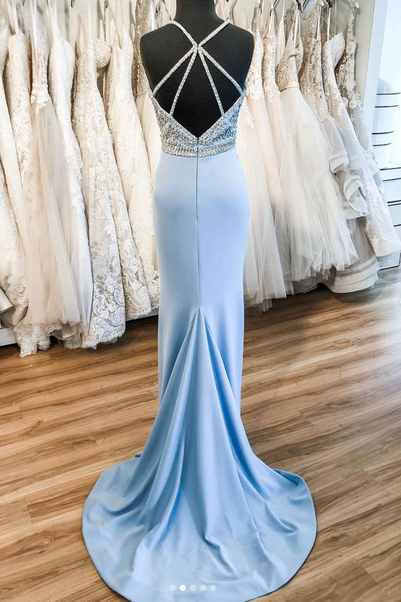 Blue Prom Dress V Neck Satin Long Formal Evening Dress