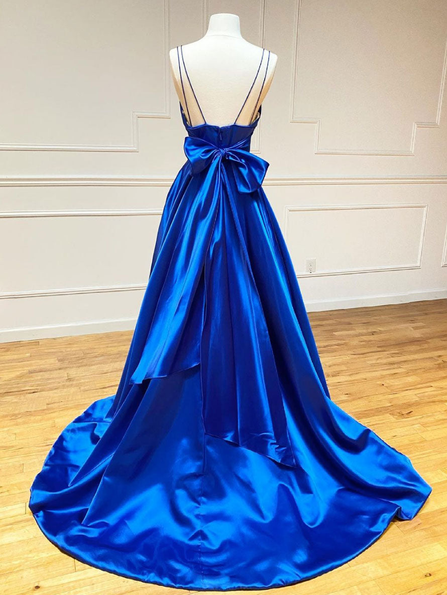 Blue Prom Dress V Neck Satin Long Formal Evening Dress