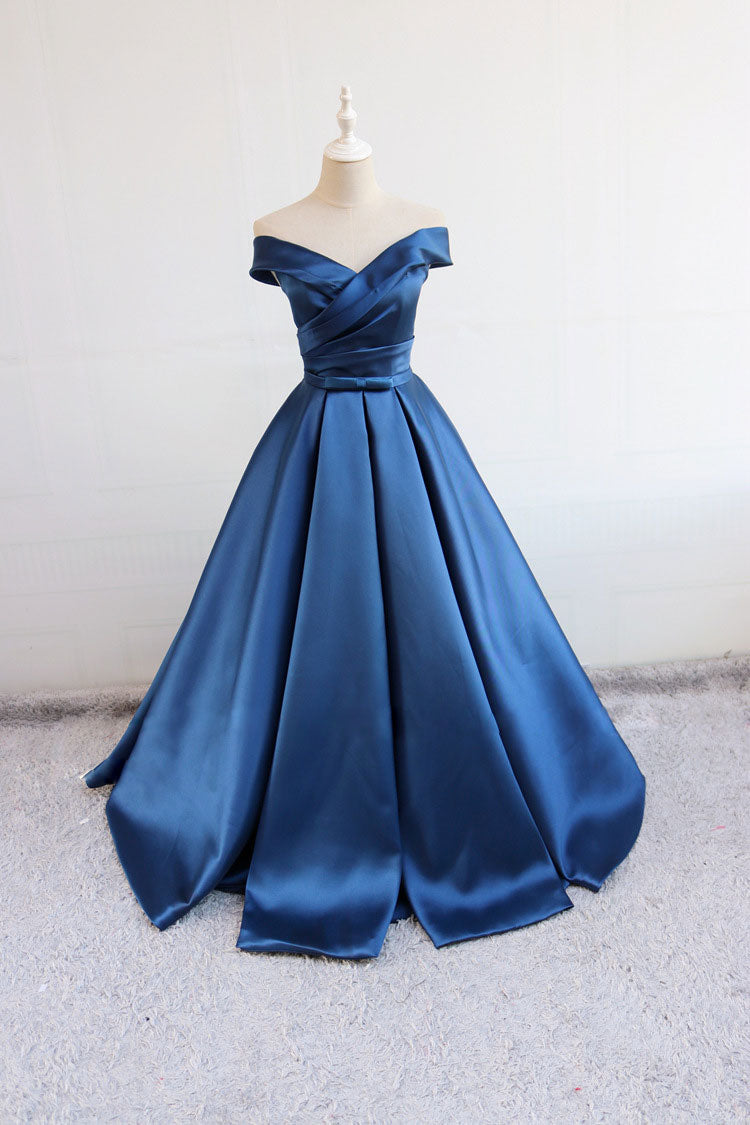 Blue Prom Dress V Neck Satin Long Formal Gown Evening Dress