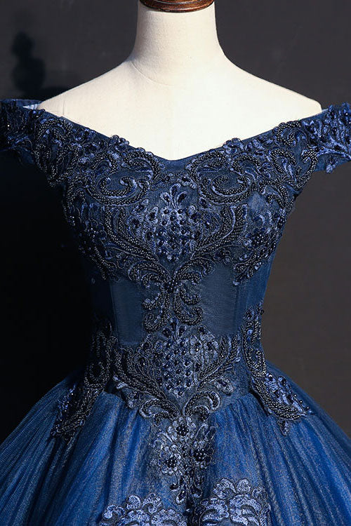 Blue Prom Dress V Neck Tulle Beaded Long Evening Dress