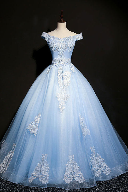 Blue Prom Dress V Neck Tulle Beaded Long Evening Dress