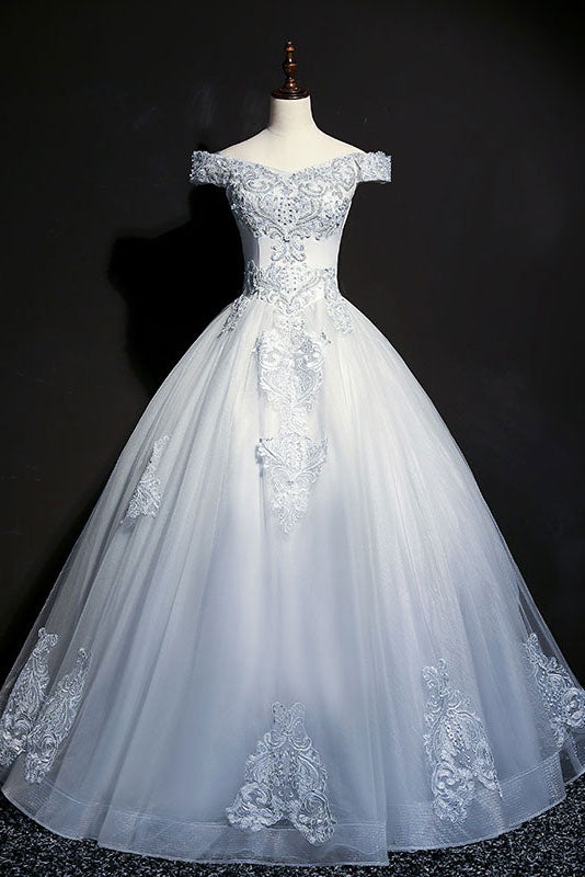 Blue Prom Dress V Neck Tulle Beaded Long Evening Dress