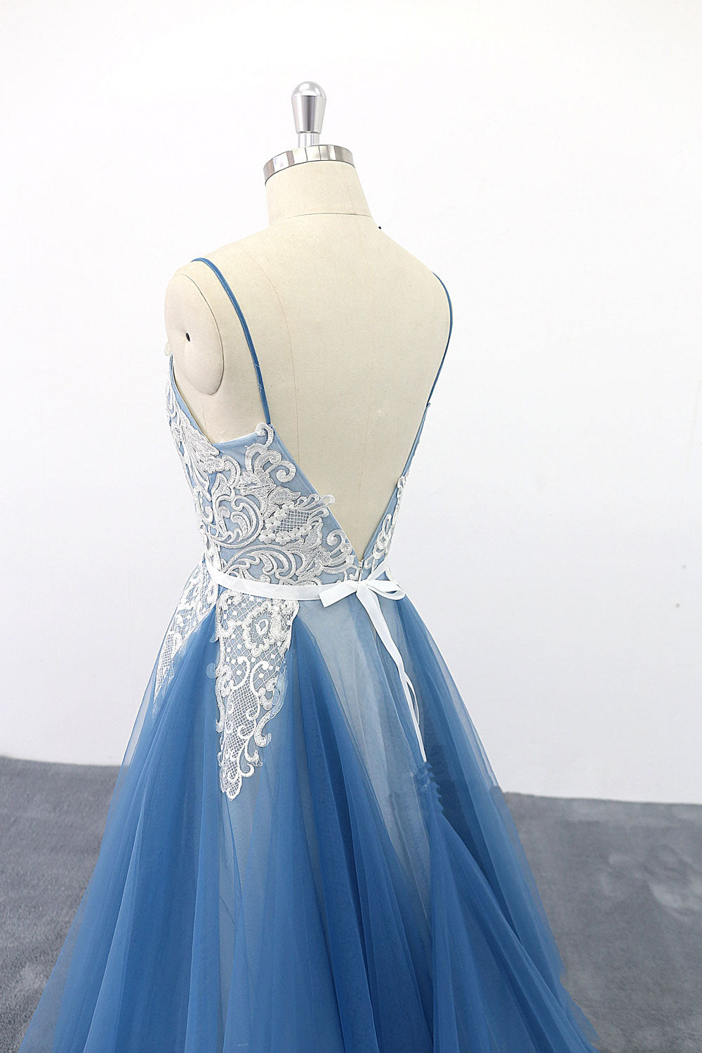 Blue Prom Dress V Neck Tulle Lace Long Evening Dress