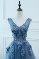 Blue Prom Dress V Neck Tulle Lace Long Evening Dress