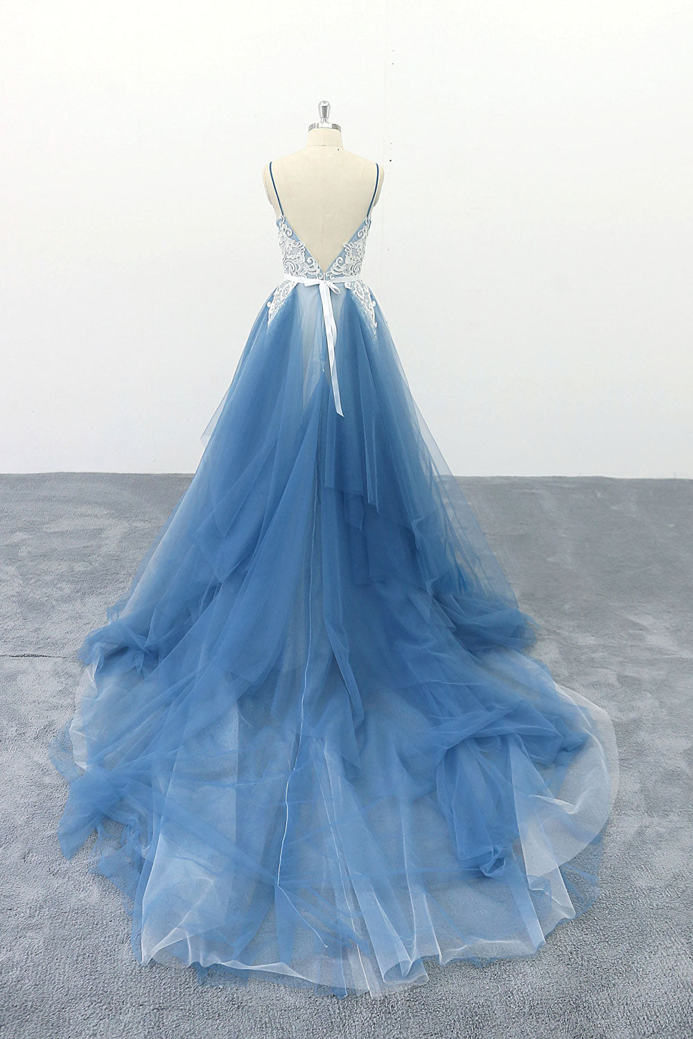 Blue Prom Dress V Neck Tulle Lace Long Evening Dress