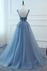 Blue Prom Dress V Neck Tulle Lace Long Evening Dress