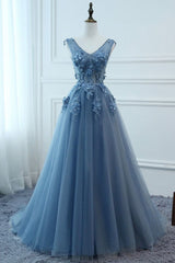 Blue Prom Dress V Neck Tulle Lace Long Evening Dress