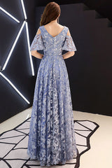 Blue Prom Dress V Neck Tulle Lace Long Formal Dress Evening Dress