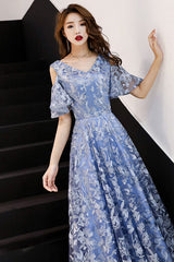 Blue Prom Dress V Neck Tulle Lace Long Formal Dress Evening Dress
