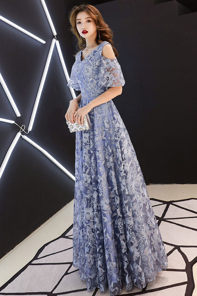 Blue Prom Dress V Neck Tulle Lace Long Formal Dress Evening Dress