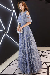 Blue Prom Dress V Neck Tulle Lace Long Formal Dress Evening Dress