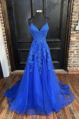 Blue Prom Dress V Neck Tulle Lace Long Formal Gown Evening Dress