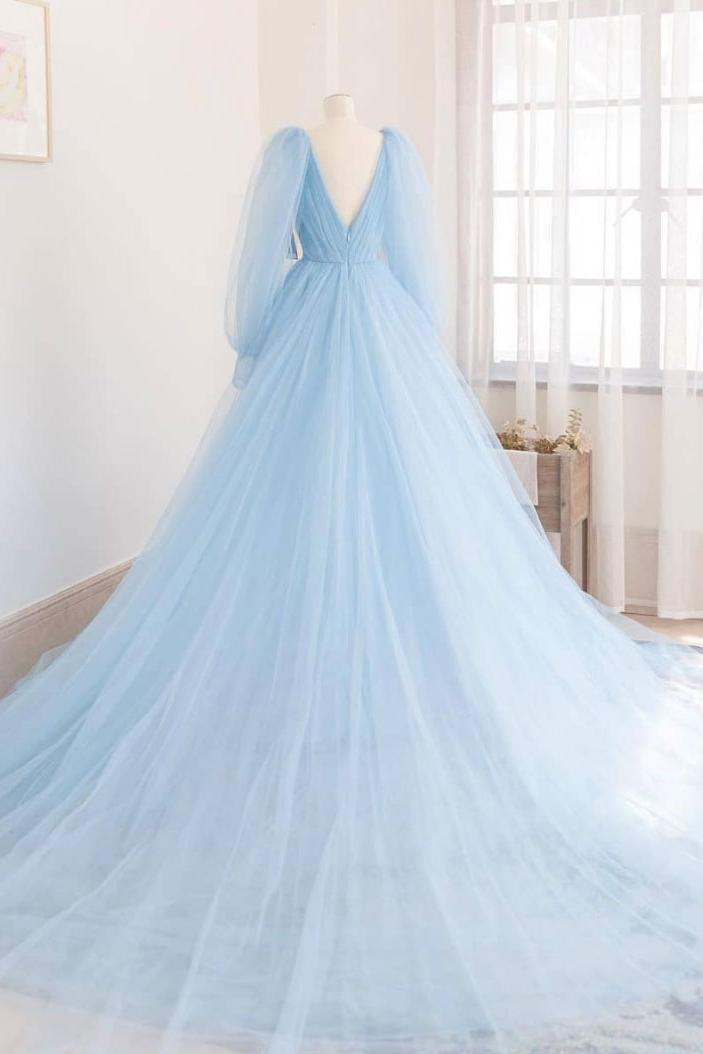 Blue Prom Dress V Neck Tulle Long Evening Dress