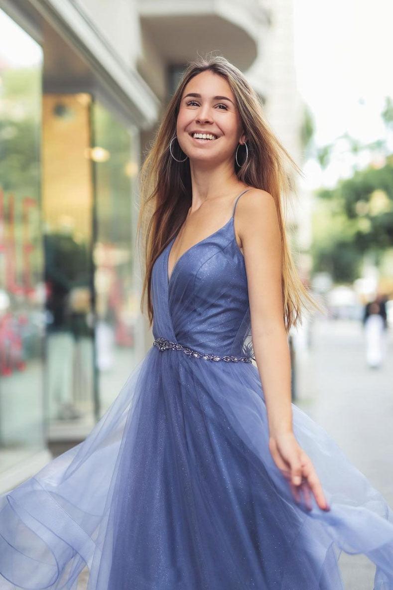 Blue Prom Dress V Neck Tulle Long Evening Dress