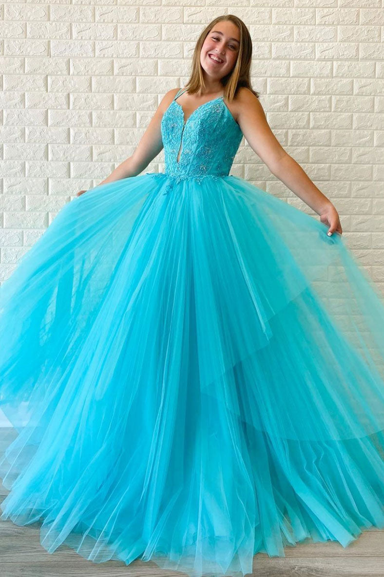 Blue Prom Dress V Neck Tulle Long Formal Dress Evening Dress