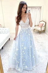 Blue Prom Dress V Neck Tulle Long Formal Dress Evening Dress