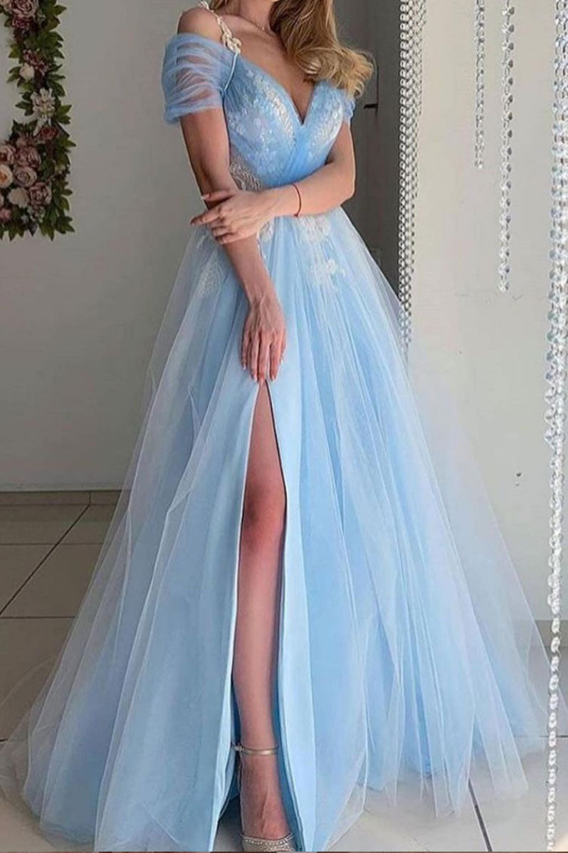 Blue Prom Dress V Neck Tulle Long Formal Evening Dress