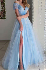 Blue Prom Dress V Neck Tulle Long Formal Evening Dress