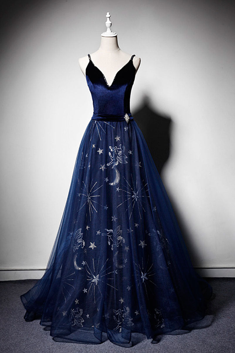 Blue Prom Dress V Neck Tulle Long Formal Gown Evening Dress