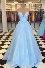 Blue Prom Dress V Neck Tulle Long Formal Gown Evening Dress