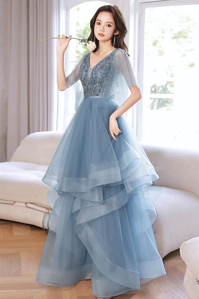 Blue Prom Dress V Neck Tulle Sequin Long Formal Dress Evening Dress