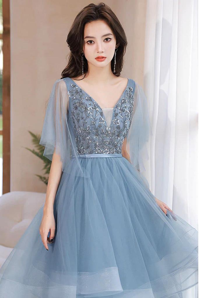Blue Prom Dress V Neck Tulle Sequin Long Formal Dress Evening Dress