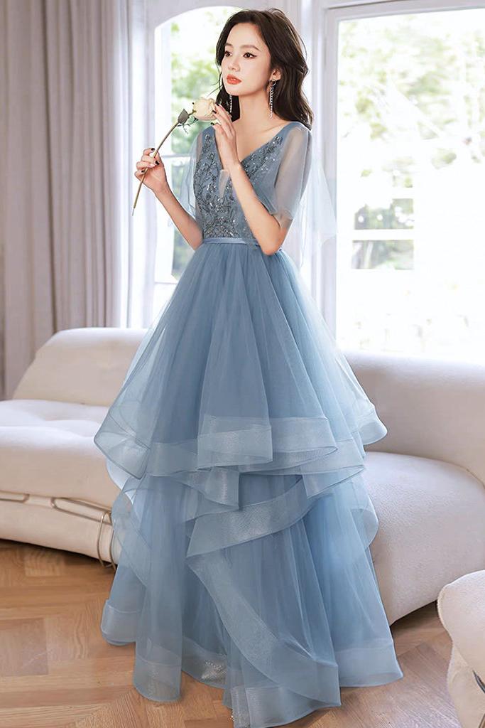 Blue Prom Dress V Neck Tulle Sequin Long Formal Dress Evening Dress