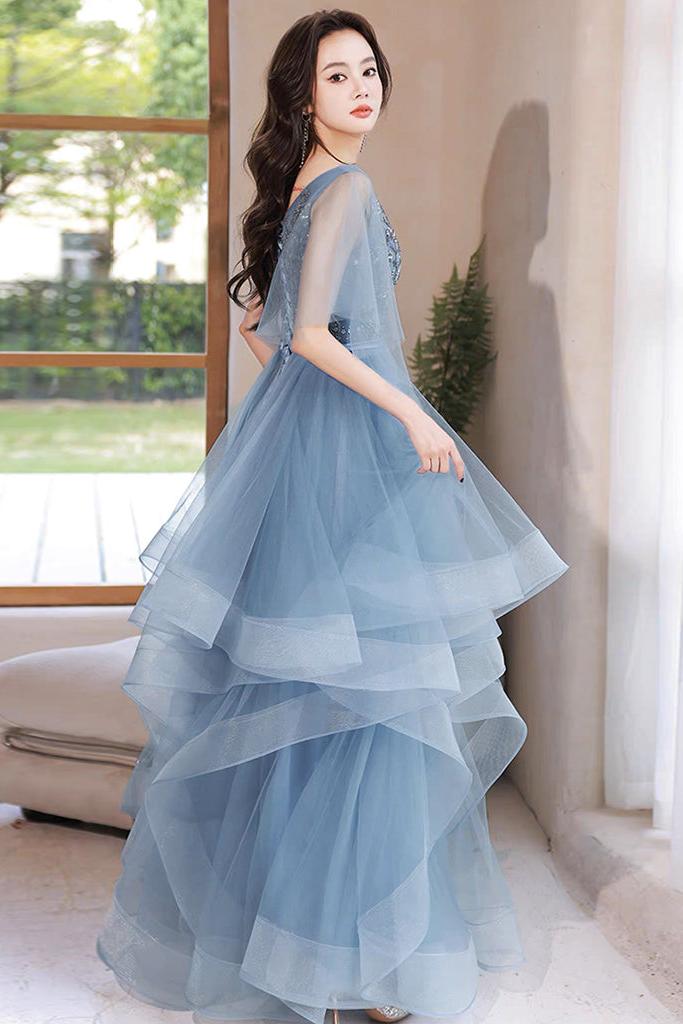 Blue Prom Dress V Neck Tulle Sequin Long Formal Dress Evening Dress