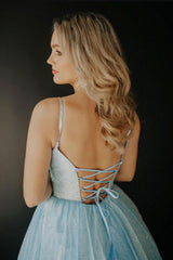 Blue Prom Dress V Neck Tulle Sequin Long Formal Evening Dress