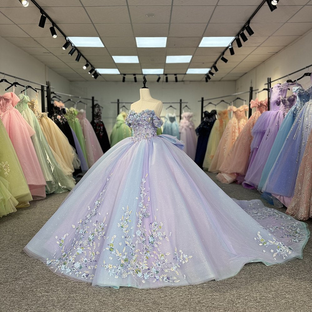 blue with purple quinceanera dresses Lace Sky Blue Off the Shoulder Ball Gown Quinceanera Dresses Sky Blue / 14