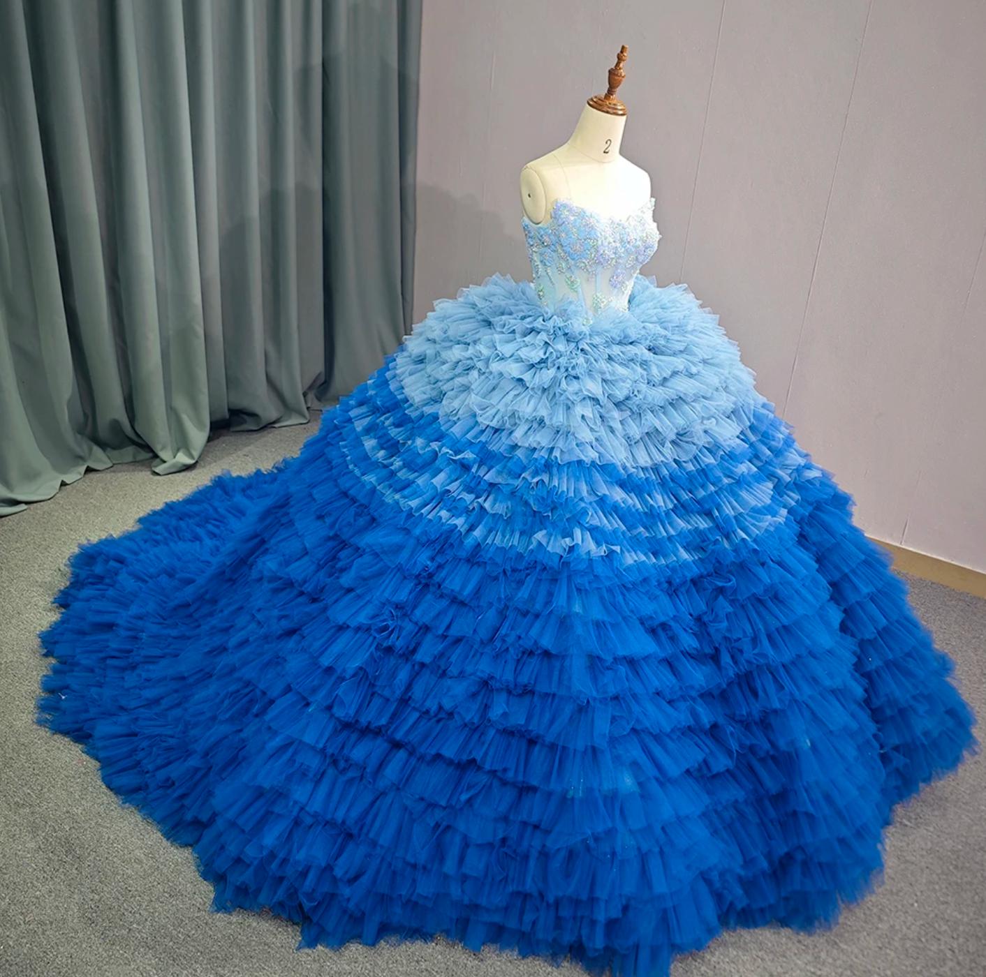 Blue Ruffle Tulle Quinceanera Dress Ball Gown Birthday Party Sweet 16 Dress