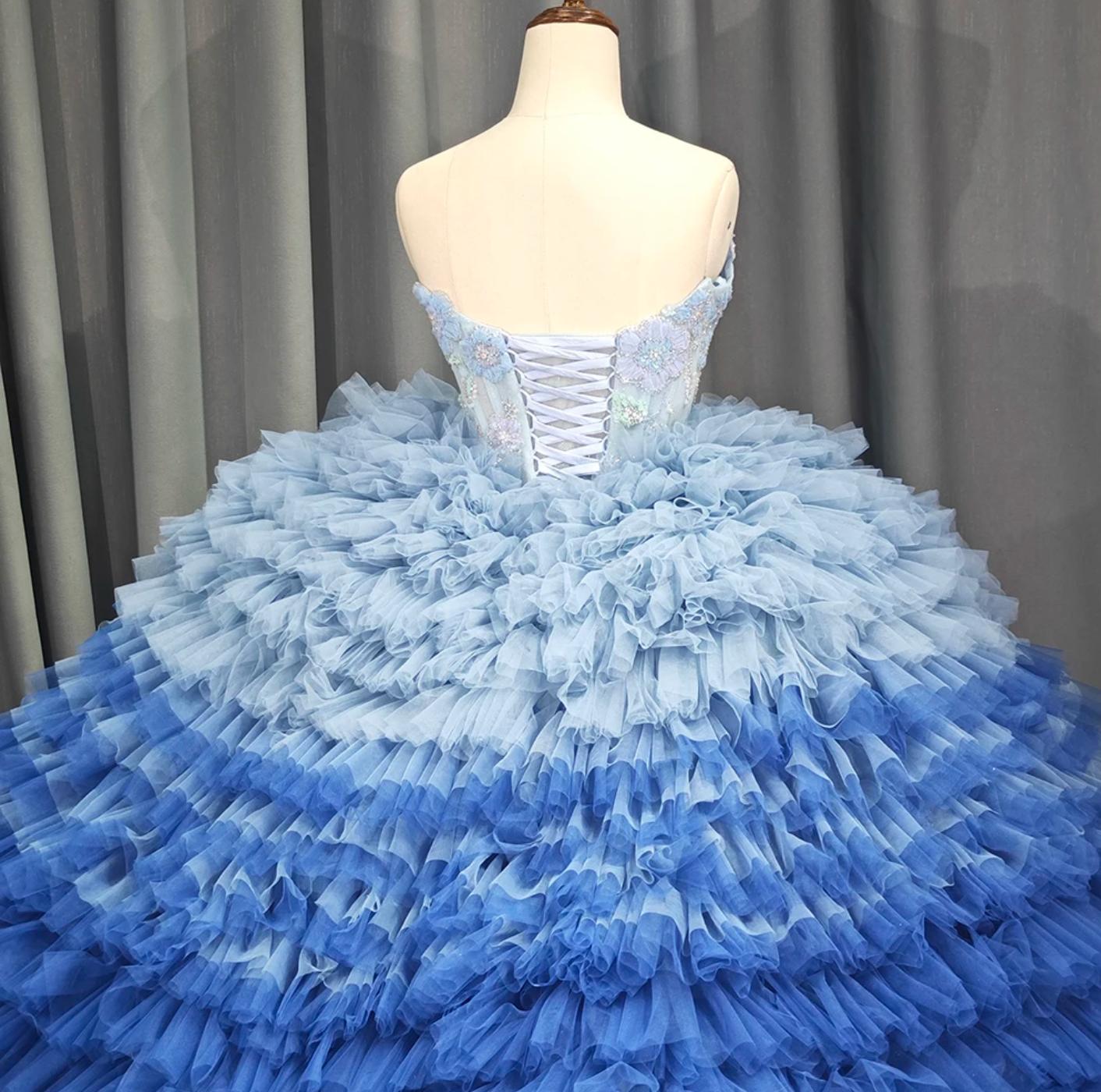 Blue Ruffle Tulle Quinceanera Dress Ball Gown Birthday Party Sweet 16 Dress