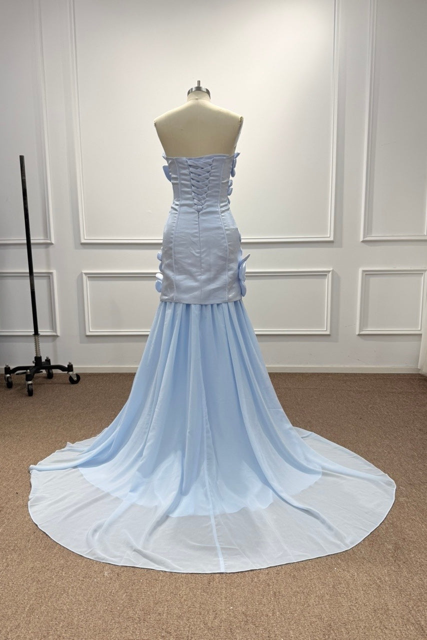 Blue Satin Mermaid Prom Dress with Strapless Neckline and 3D Flowers