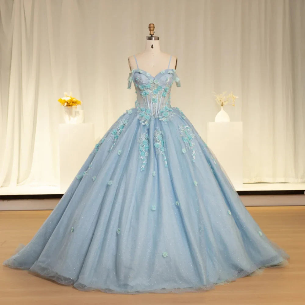 Blue Scoop Neck Quinceanera Dress Spaghetti Straps 3D Floral Appliques Ball Gown Romantic Prom Dress