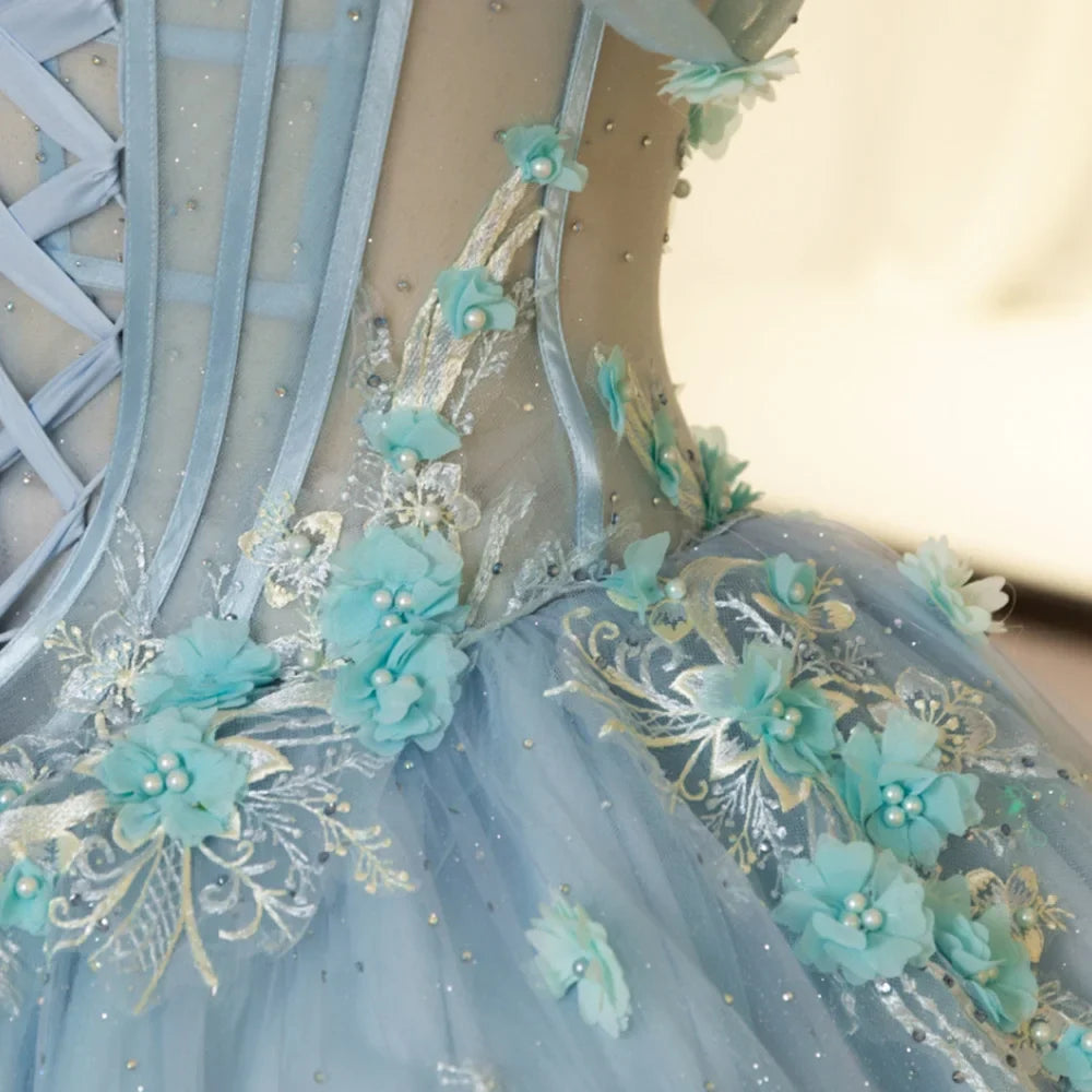Blue Scoop Neck Quinceanera Dress Spaghetti Straps 3D Floral Appliques Ball Gown Romantic Prom Dress