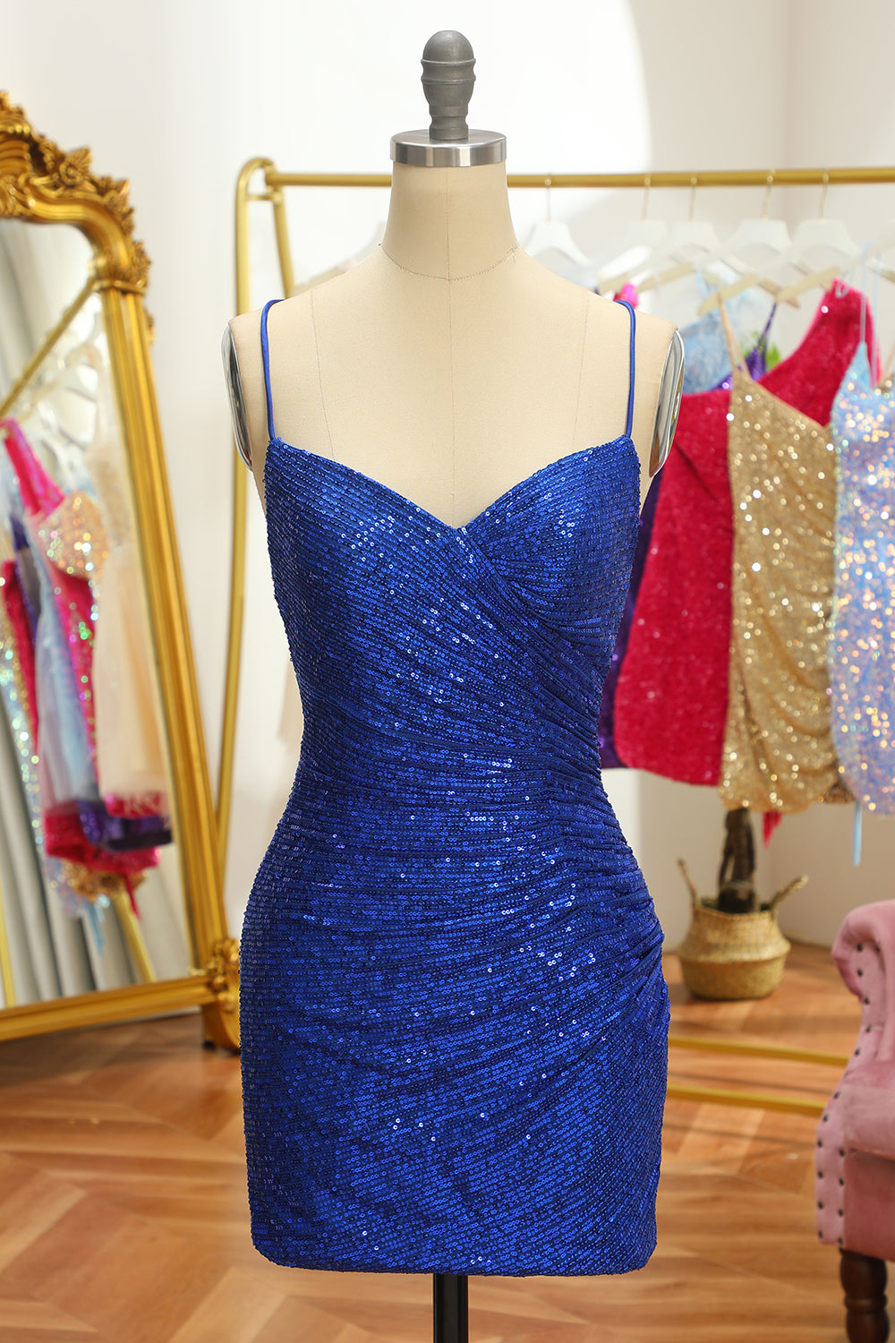 Blue Sequins Homecoming Dress Tight Backless Short Cocktail Dress