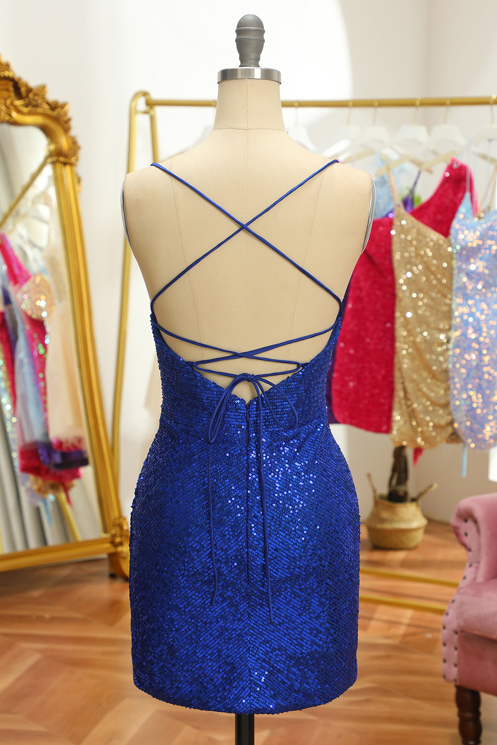 Blue Sequins Homecoming Dress Tight Backless Short Cocktail Dress