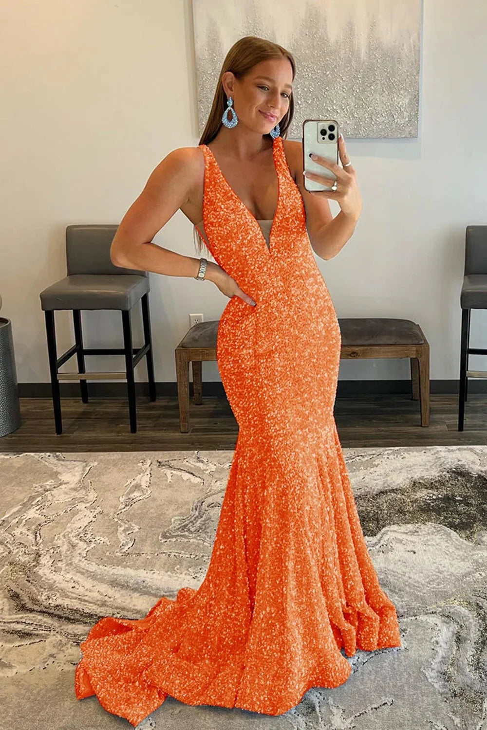 Blue Sequins Prom Dress Mermaid V Neck Evening Dress