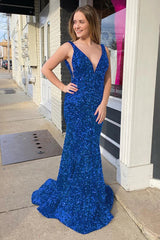 Blue Sequins Prom Dress Mermaid V Neck Evening Dress