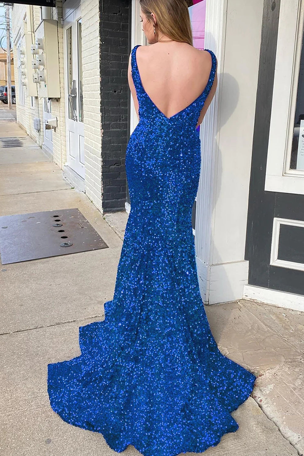 Blue Sequins Prom Dress Mermaid V Neck Evening Dress