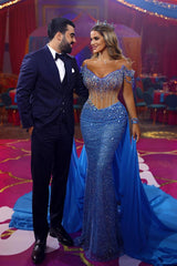 Blue Sheath/Column Prom Dress Cap Sleeve Off the Shoulder Formal Dress With Beadings and Rhinestones