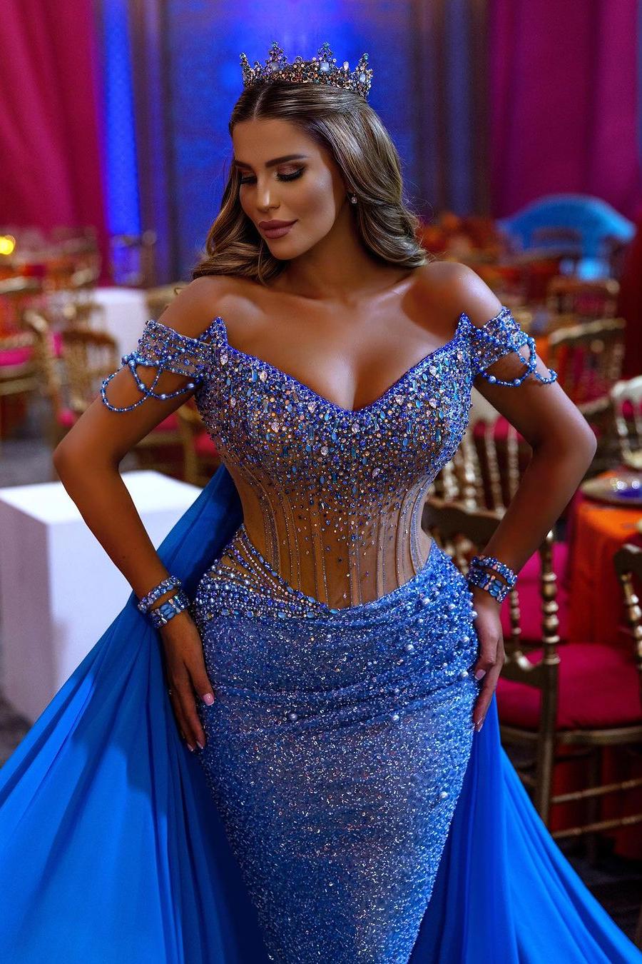 Blue Sheath/Column Prom Dress Cap Sleeve Off the Shoulder Formal Dress With Beadings and Rhinestones