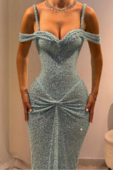 Blue Sheath/Column Prom Dress Cap Sleeve Spaghetti Straps Formal Dress With Sequins