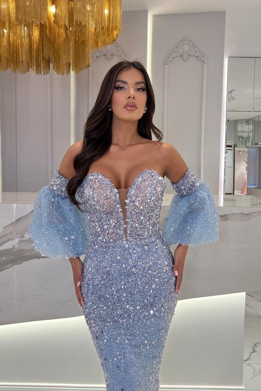 Blue Sheath/Column Prom Dress Half Sleeve Sweetheart Tea Length Formal Dress With Sequins