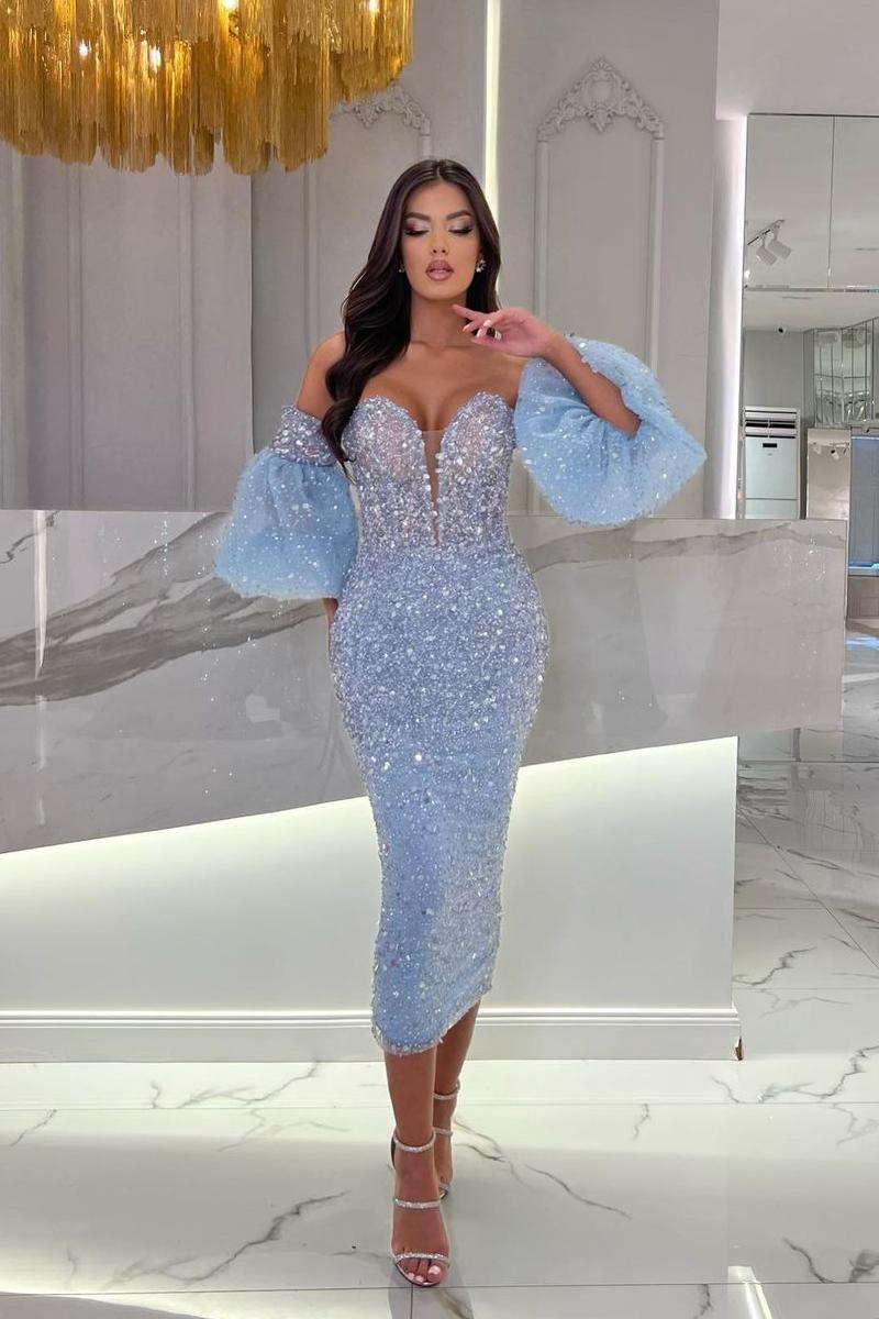 Blue Sheath/Column Prom Dress Half Sleeve Sweetheart Tea Length Formal Dress With Sequins