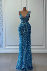 Blue Sheath/Column Prom Dress Sleeveless V Neck Formal Dress With Sequins