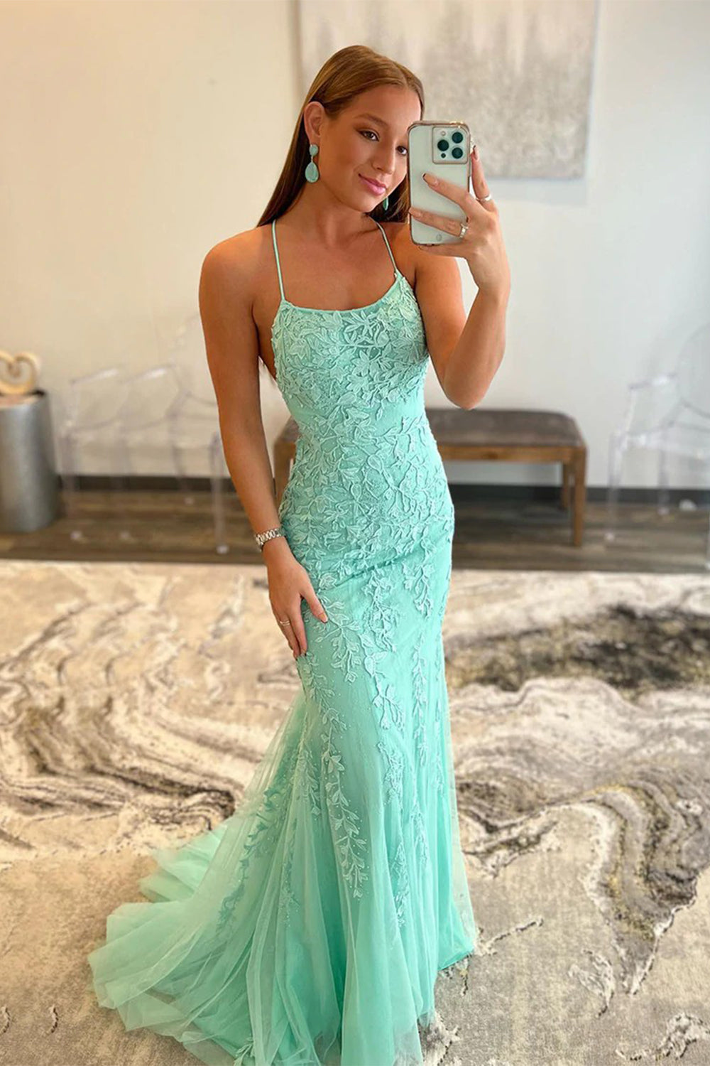 Blue Spaghetti Straps Prom Dress Mermaid Evening Dress With Appliques