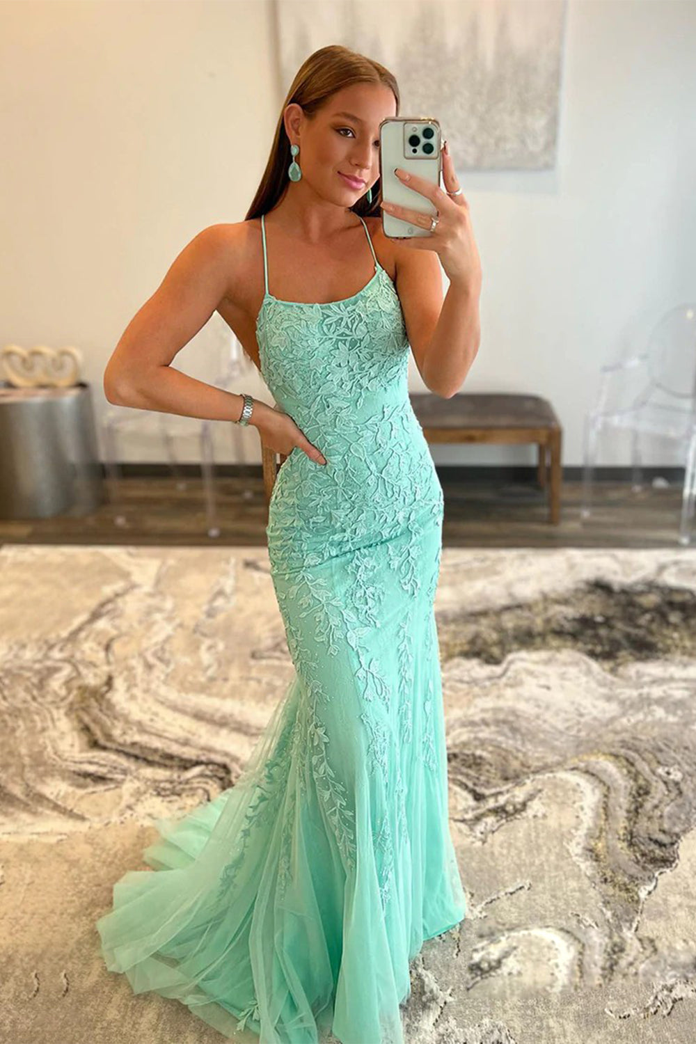 Blue Spaghetti Straps Prom Dress Mermaid Evening Dress With Appliques