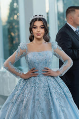 Blue Square Long Illusion Sleeves Beaded Sequined Ball Gown Long Satin Bridal Gown With Appliques