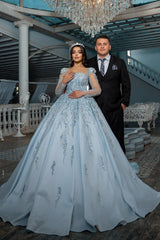 Blue Square Long Illusion Sleeves Beaded Sequined Ball Gown Long Satin Bridal Gown With Appliques